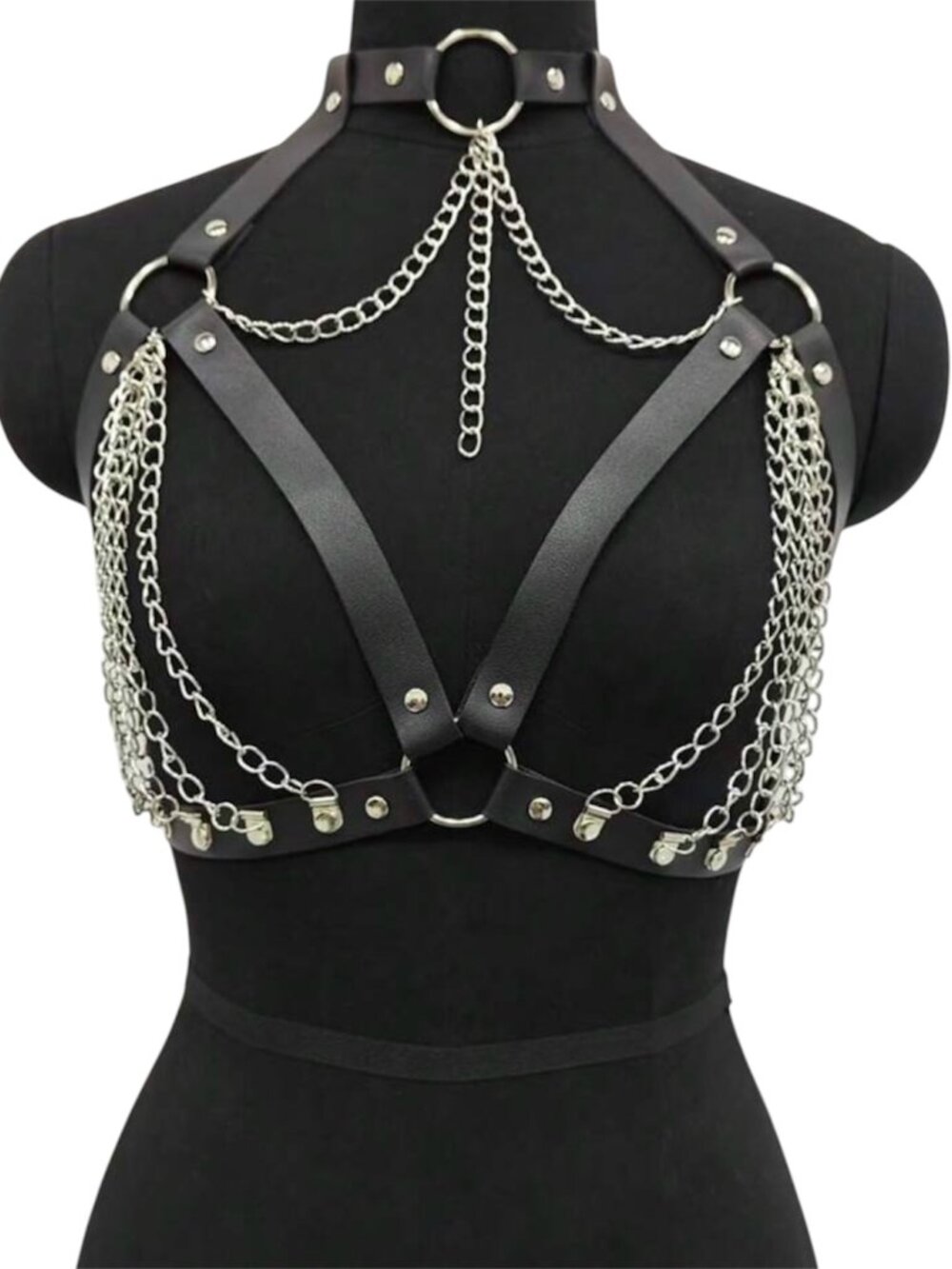 Women Dark Black Tassel Silver Chain Bustier Harness